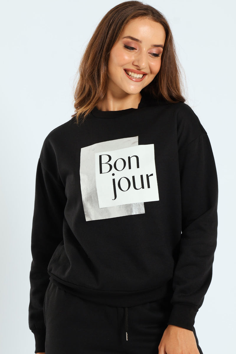 Long Sleeve Printed Screen Pullover - Black
