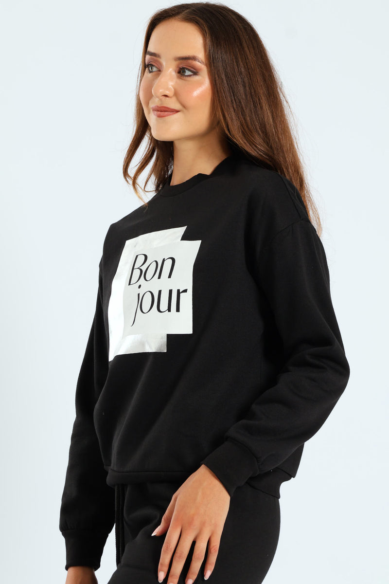 Long Sleeve Printed Screen Pullover - Black
