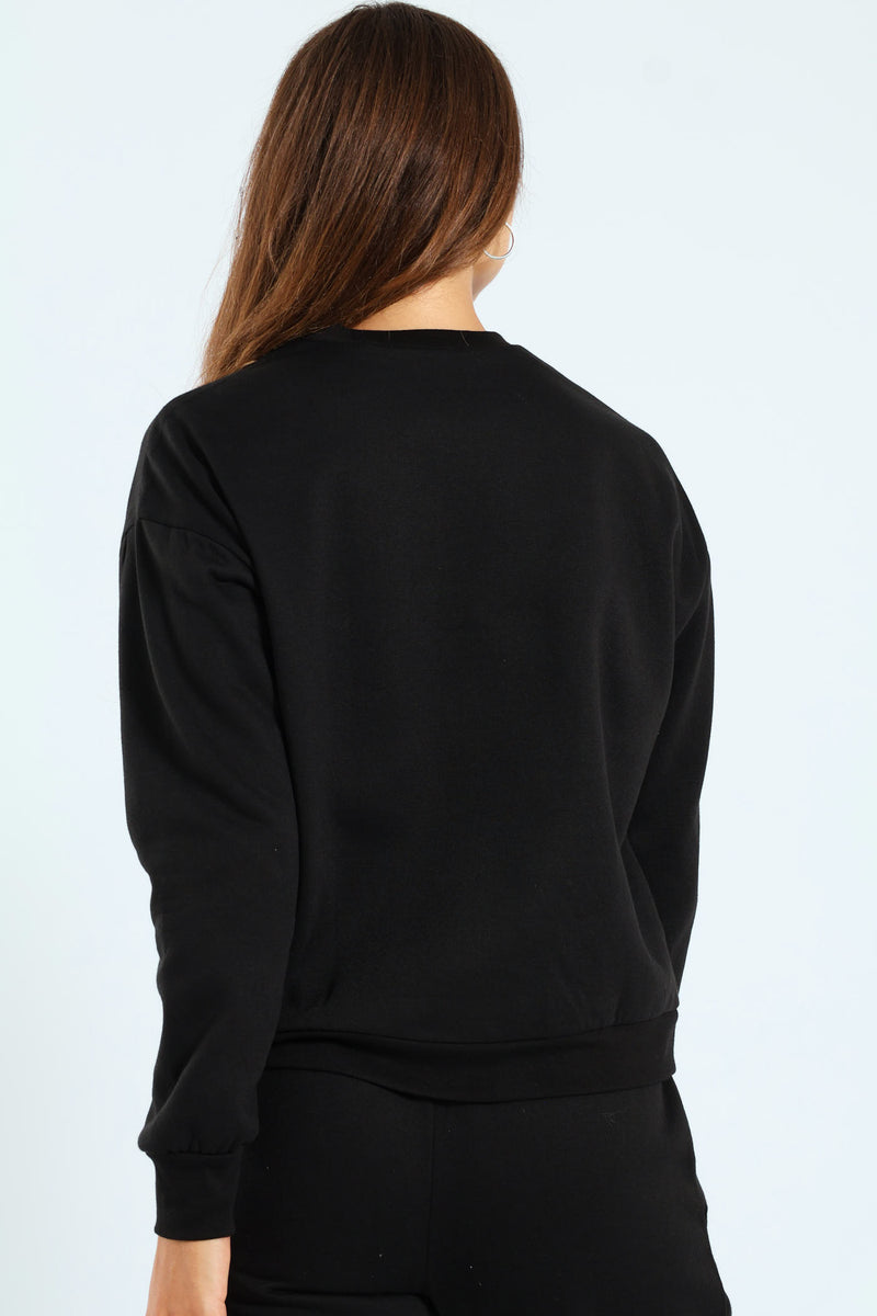 Long Sleeve Printed Screen Pullover - Black