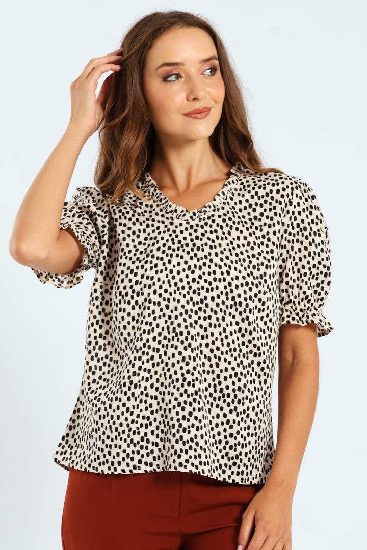 V-Neck Frill Puff Sleeve Blouse - Stone