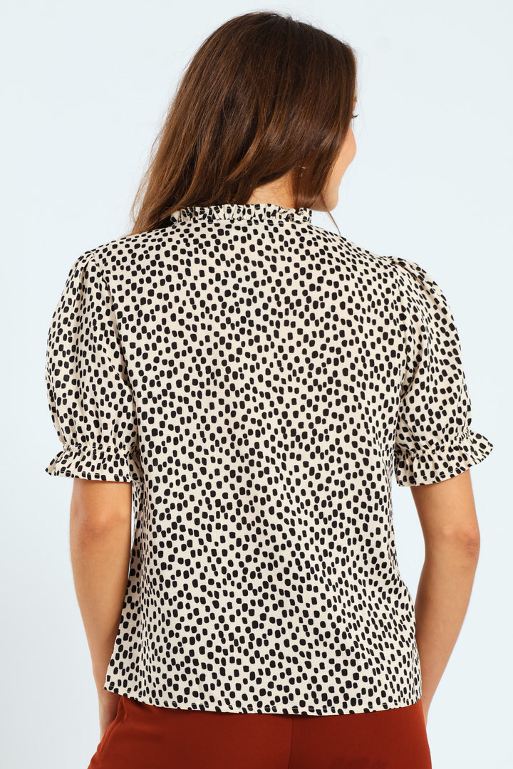 V-Neck Frill Puff Sleeve Blouse - Stone