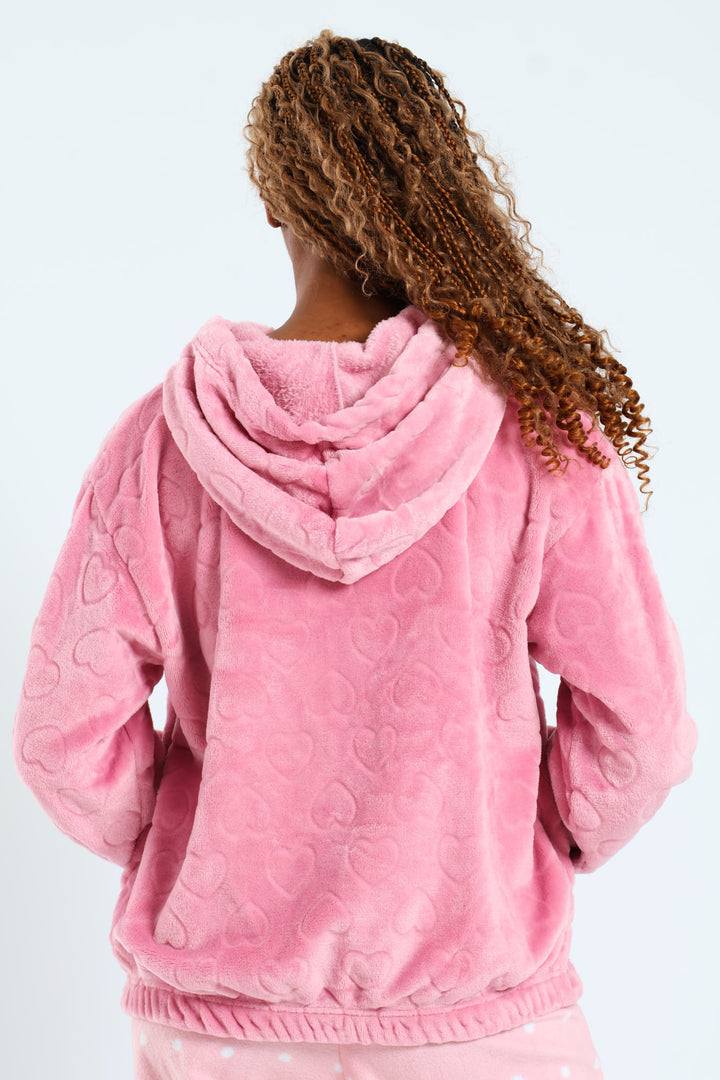 Embosssed Hearts Zip Through Crop Sweatshirt - Dusty Pink