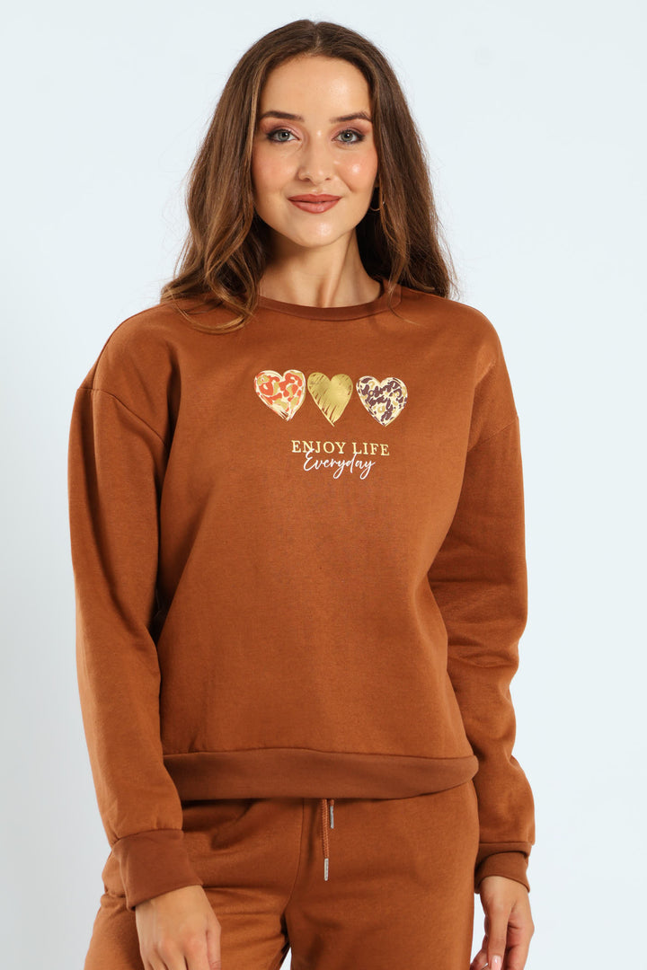 Long Sleeve Printed Screen Pullover - Caramel