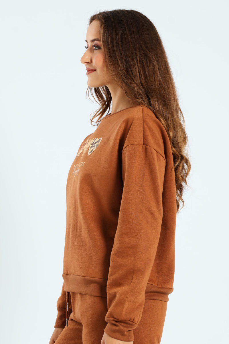Long Sleeve Printed Screen Pullover - Caramel