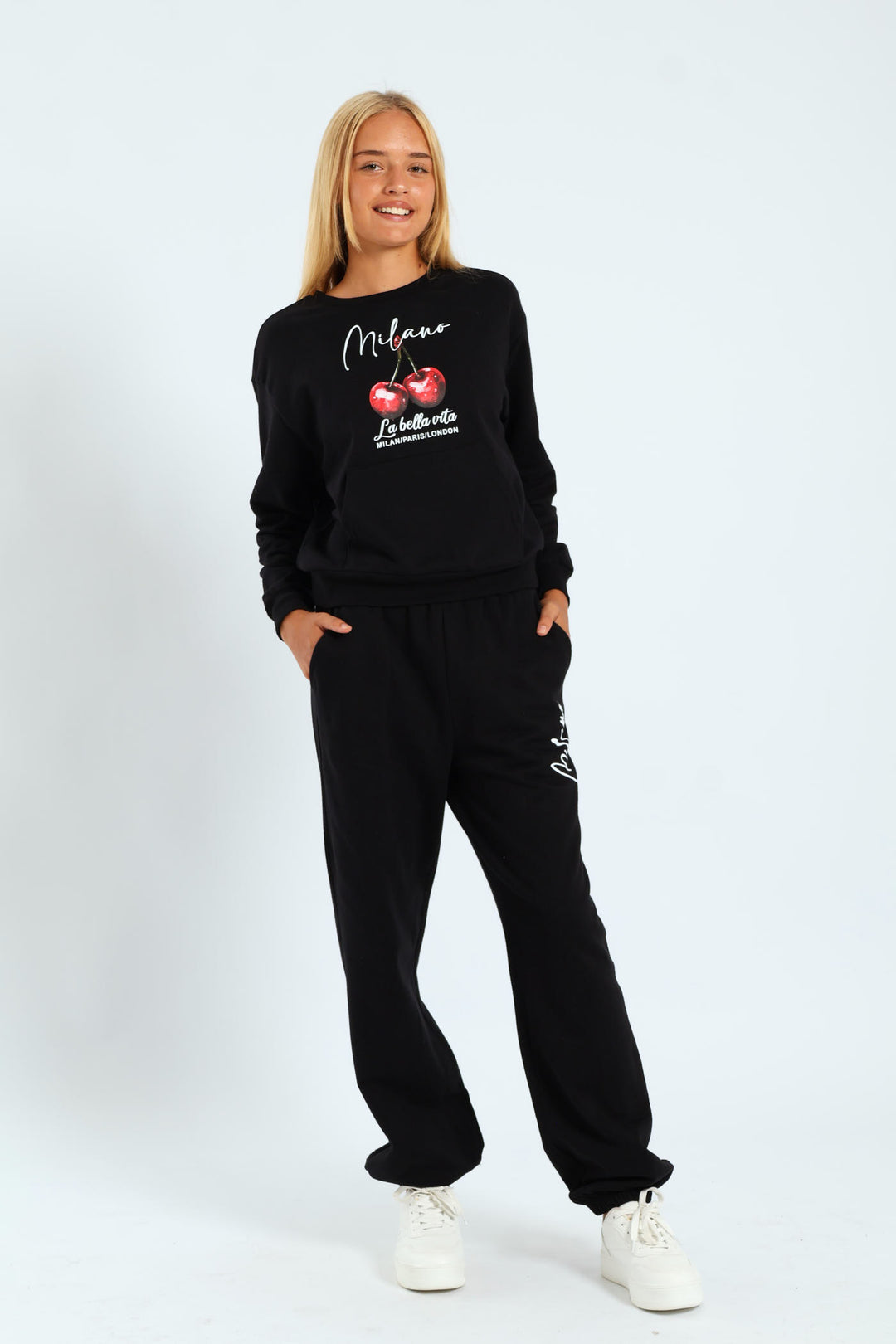 Girls Cherry Fleece Crew Top - Black