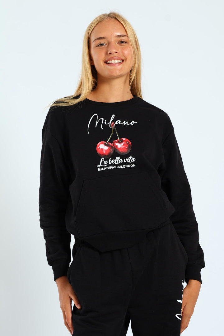 Girls Cherry Fleece Crew Top - Black