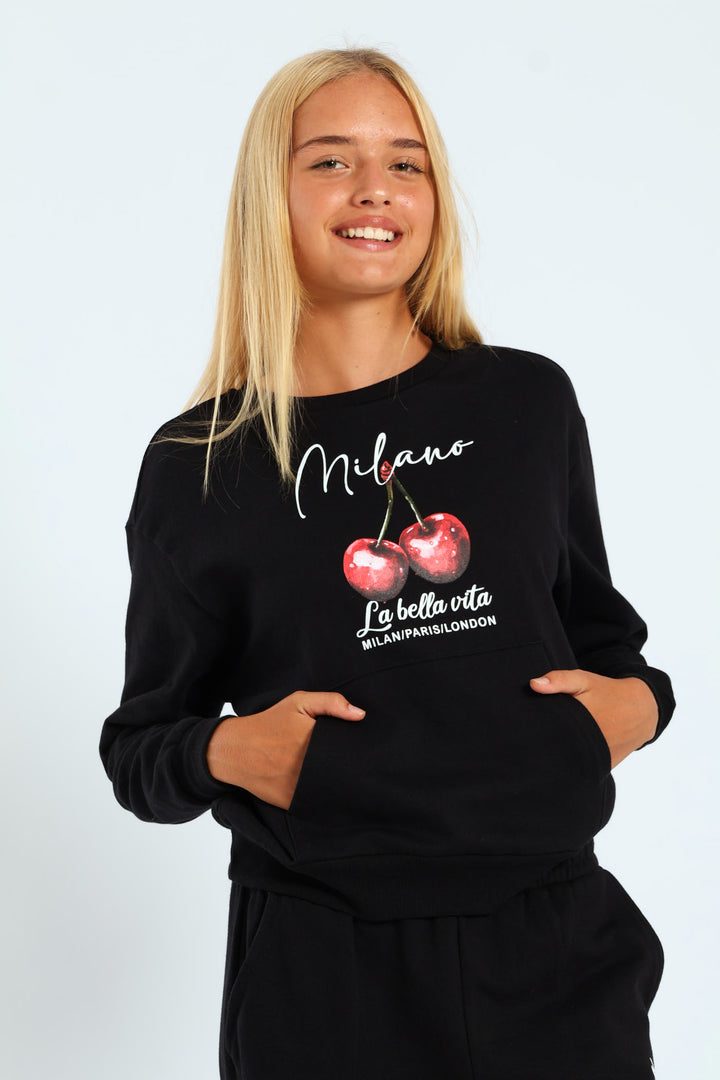 Girls Cherry Fleece Crew Top - Black