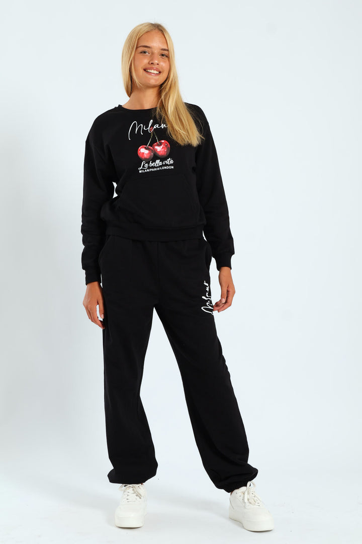 Girls Cherry Fleece Jogger - Black