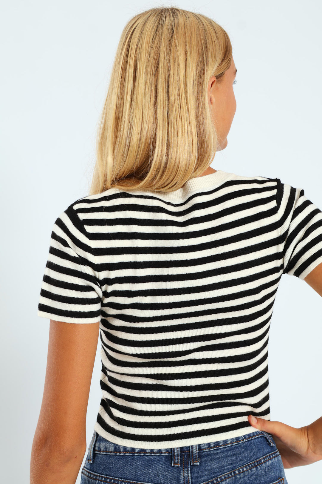 Girls Short Sleeve Stripe Crew Top - Cream/Black