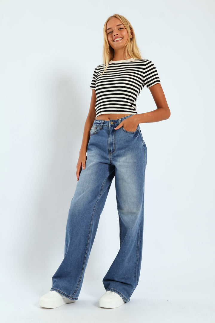 Girls Rigid Wide Leg Denim - Dark Blue