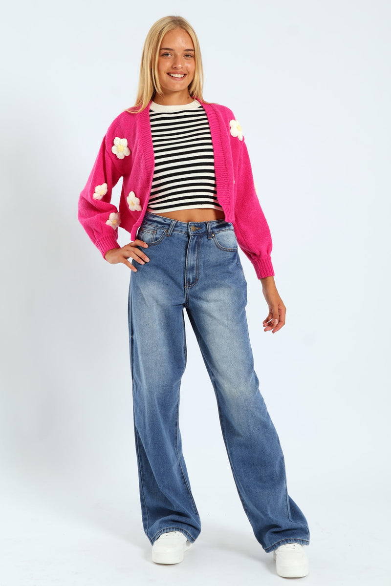 Girls 3D Flowers Knitwear - Cerise