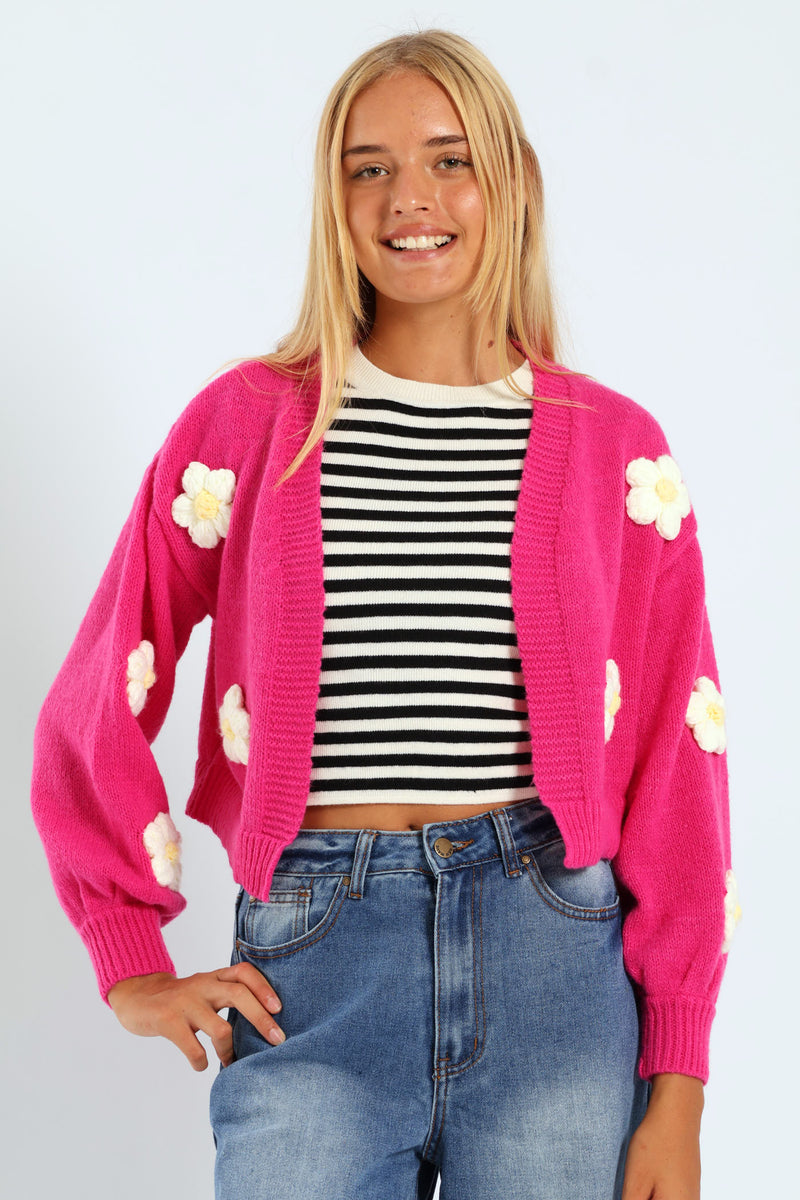 Girls 3D Flowers Knitwear - Cerise