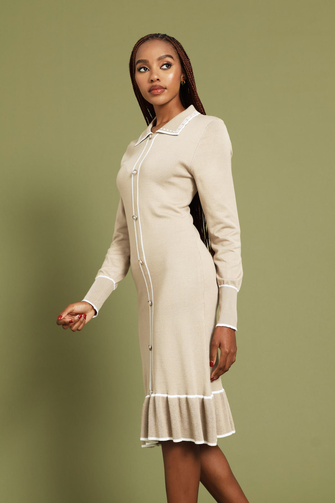 Button Through Ruffle Hem Knitwear Dress - Latte