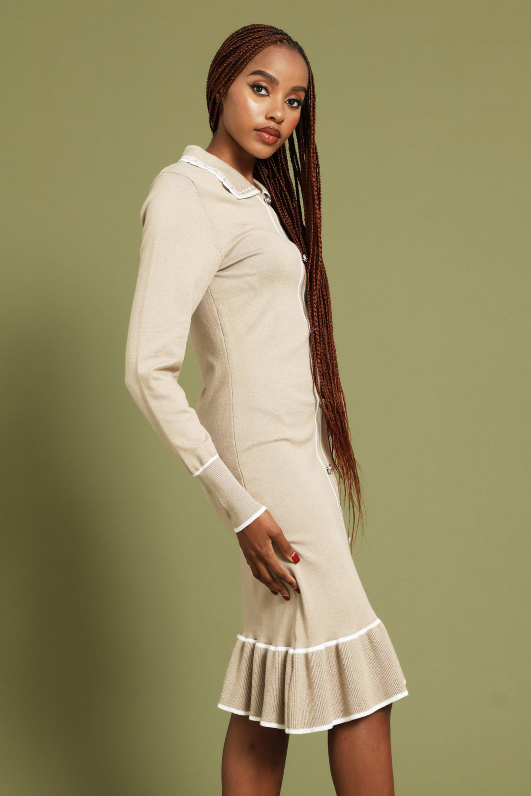 Button Through Ruffle Hem Knitwear Dress - Latte