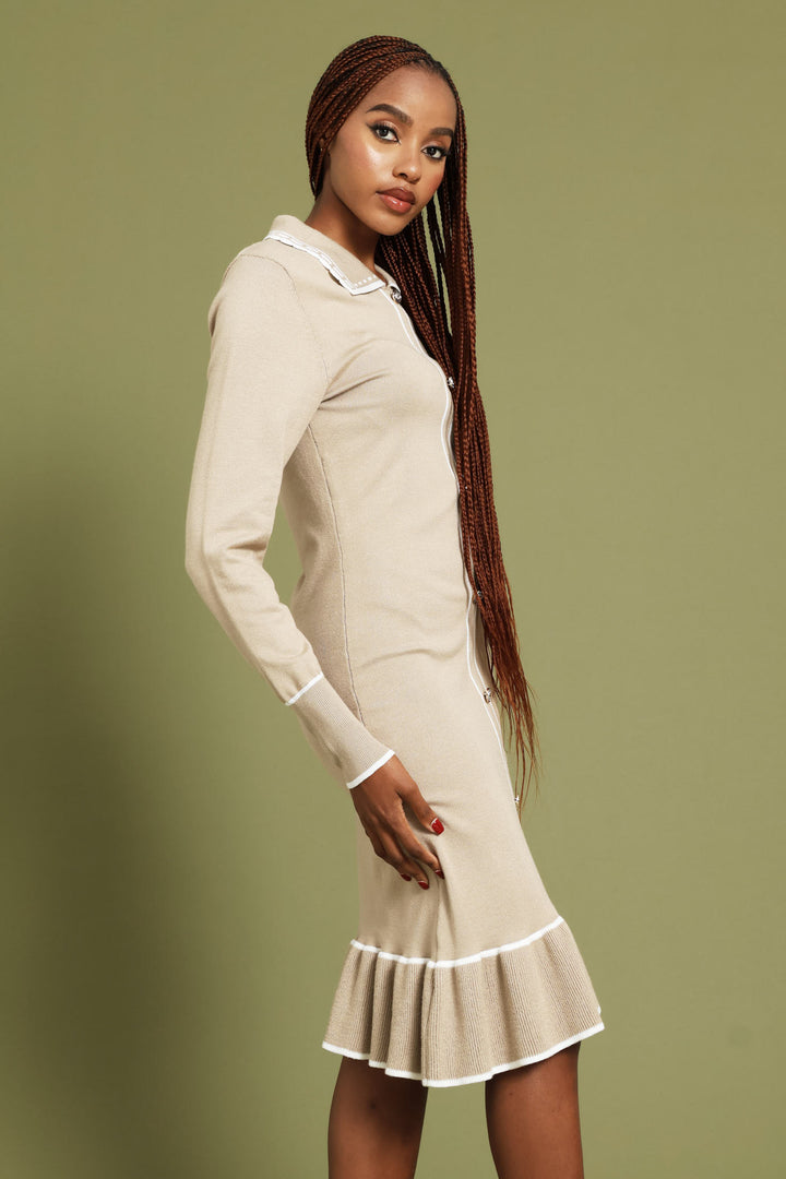 Button Through Ruffle Hem Knitwear Dress - Latte