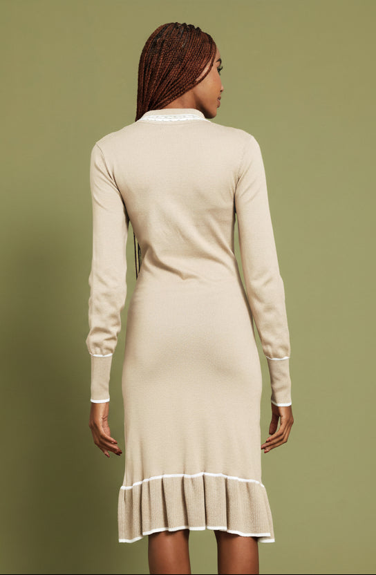 Button Through Ruffle Hem Knitwear Dress - Latte