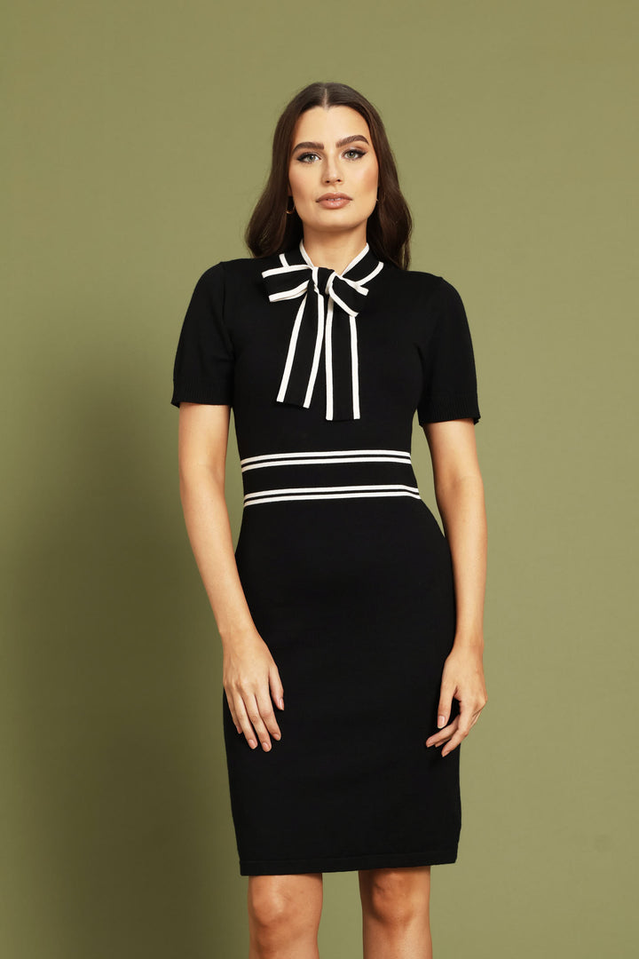 Kitty Bow Bodycon Knitwear Dress - Black/Cream