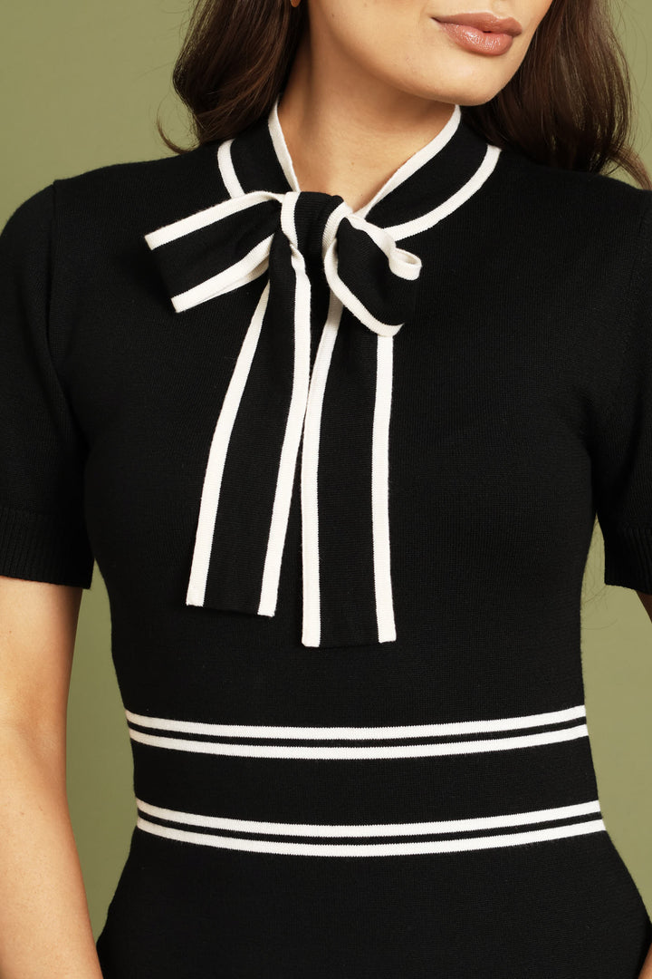 Kitty Bow Bodycon Knitwear Dress - Black/Cream