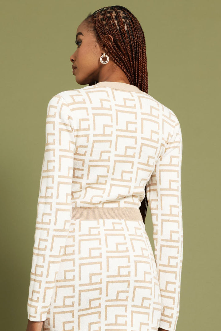 Geo Constrast Bodycon Knitwear Dress - Cream