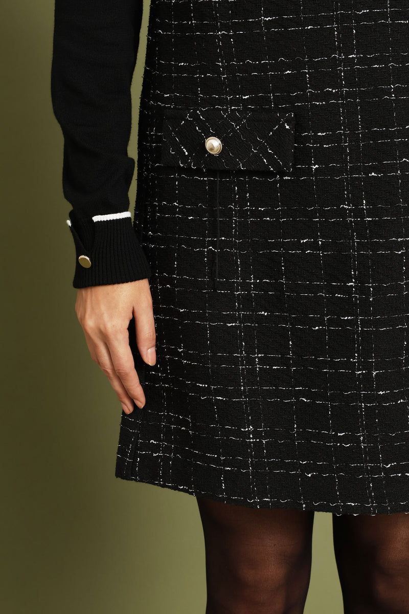 V-Neck Shift Tweed Dress - Black