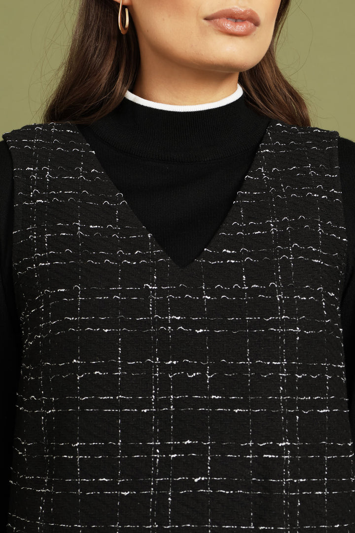 V-Neck Shift Tweed Dress - Black