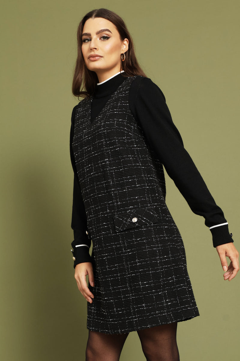 V-Neck Shift Tweed Dress - Black