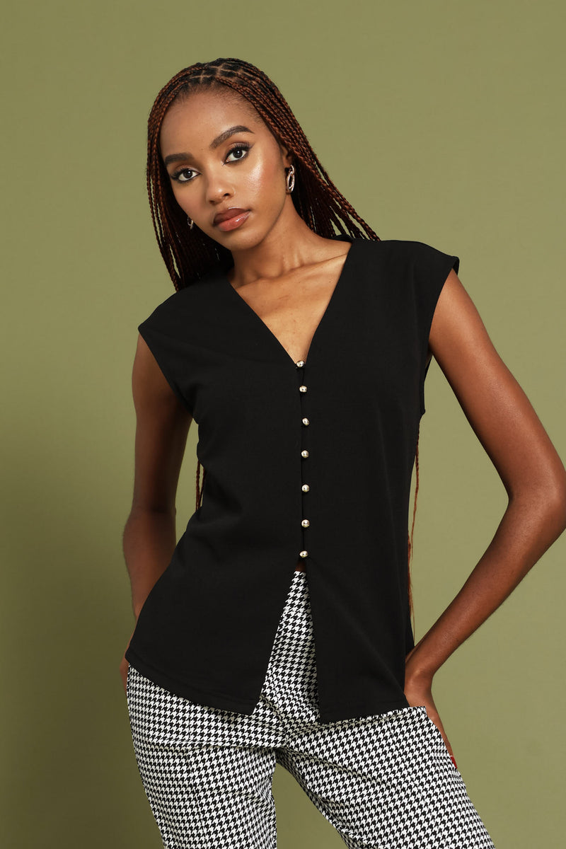 V-Neck Button Through Waistcoat - Black