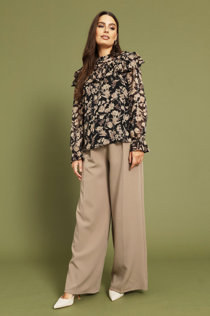 Frill Yoke Chiffon Blouse - Black