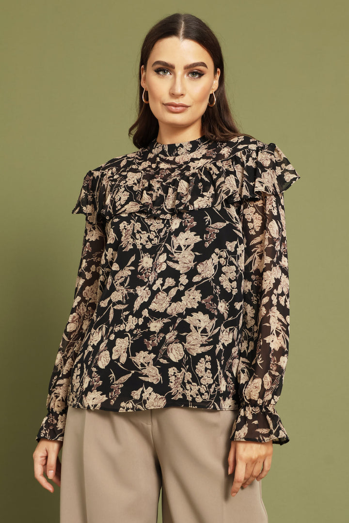 Frill Yoke Chiffon Blouse - Black