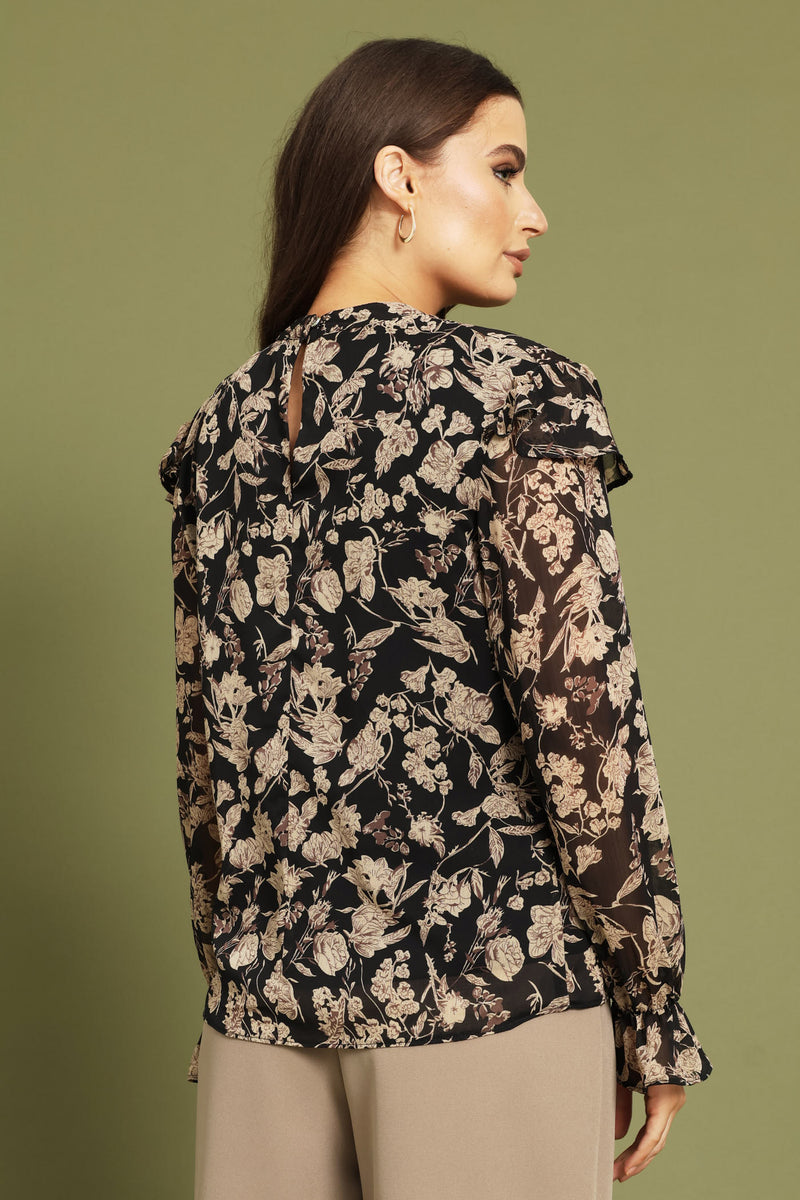 Frill Yoke Chiffon Blouse - Black