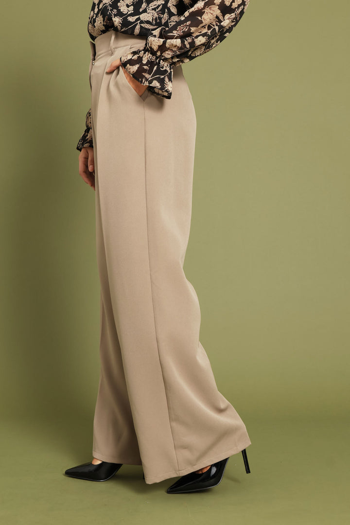 Concealed Button Wide Leg Pant - Taupe