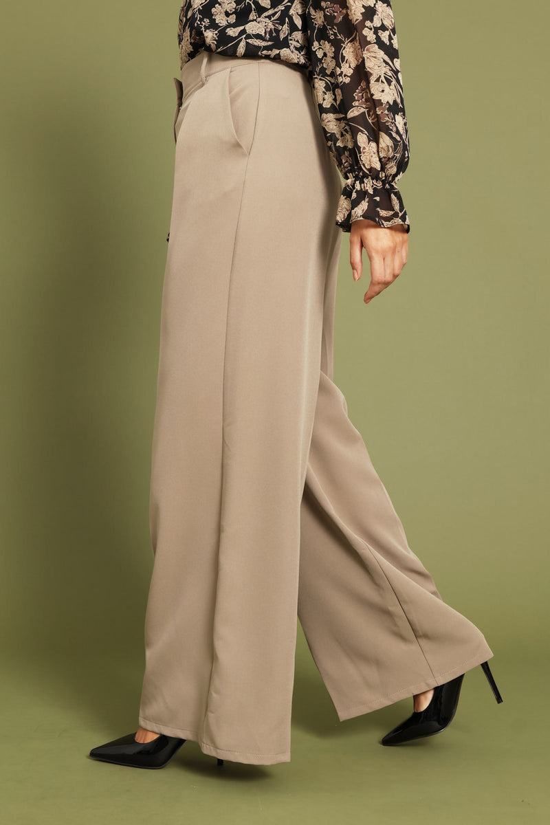 Concealed Button Wide Leg Pant - Taupe