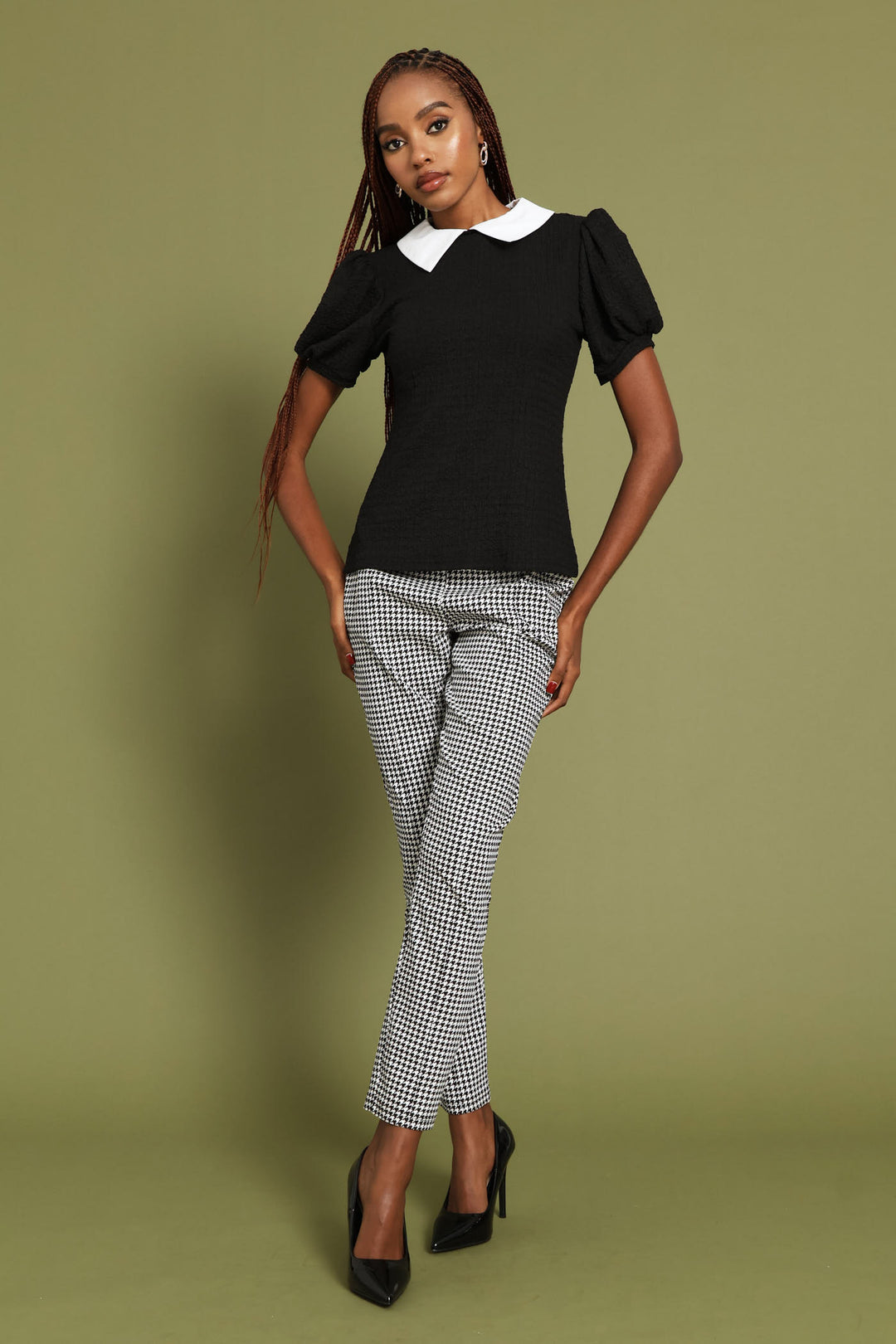 Ruched Sleeve Contrast Textured Blouse - Black