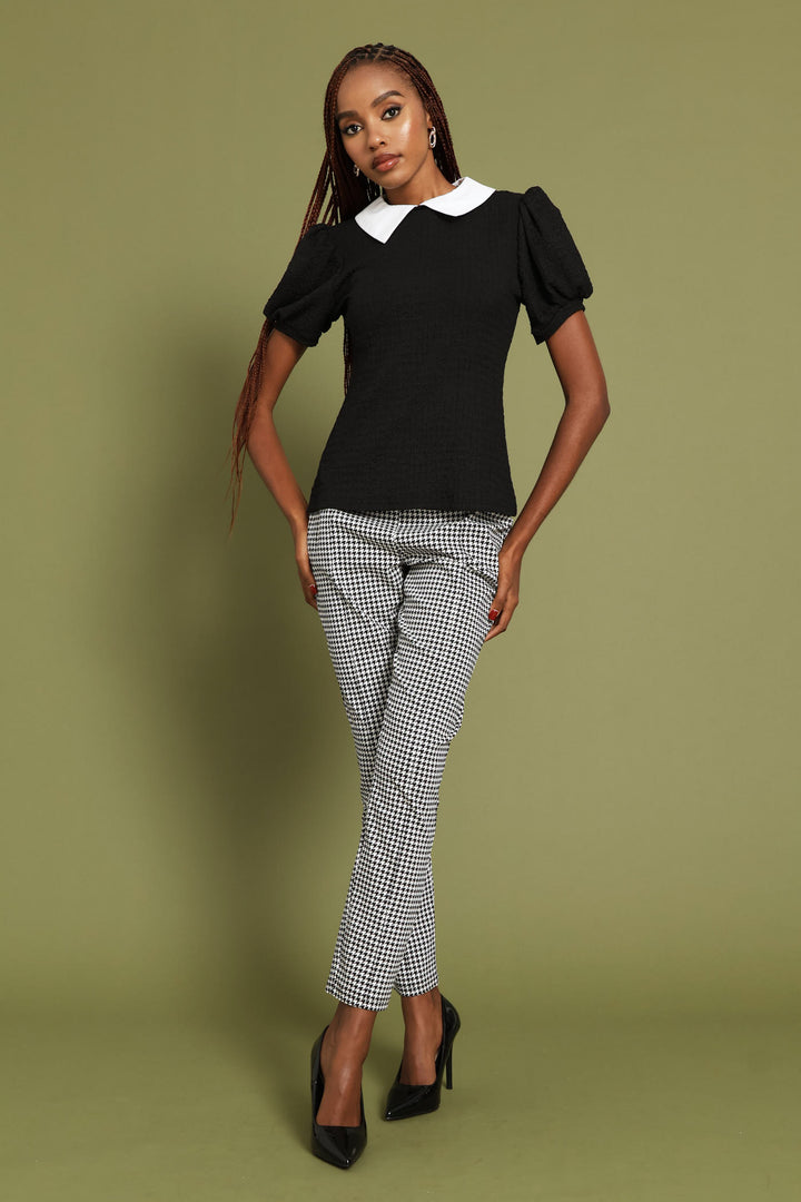 Ruched Sleeve Contrast Textured Blouse - Black