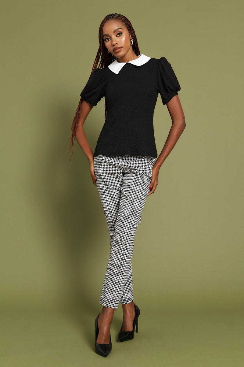 Ruched Sleeve Contrast Textured Blouse - Black
