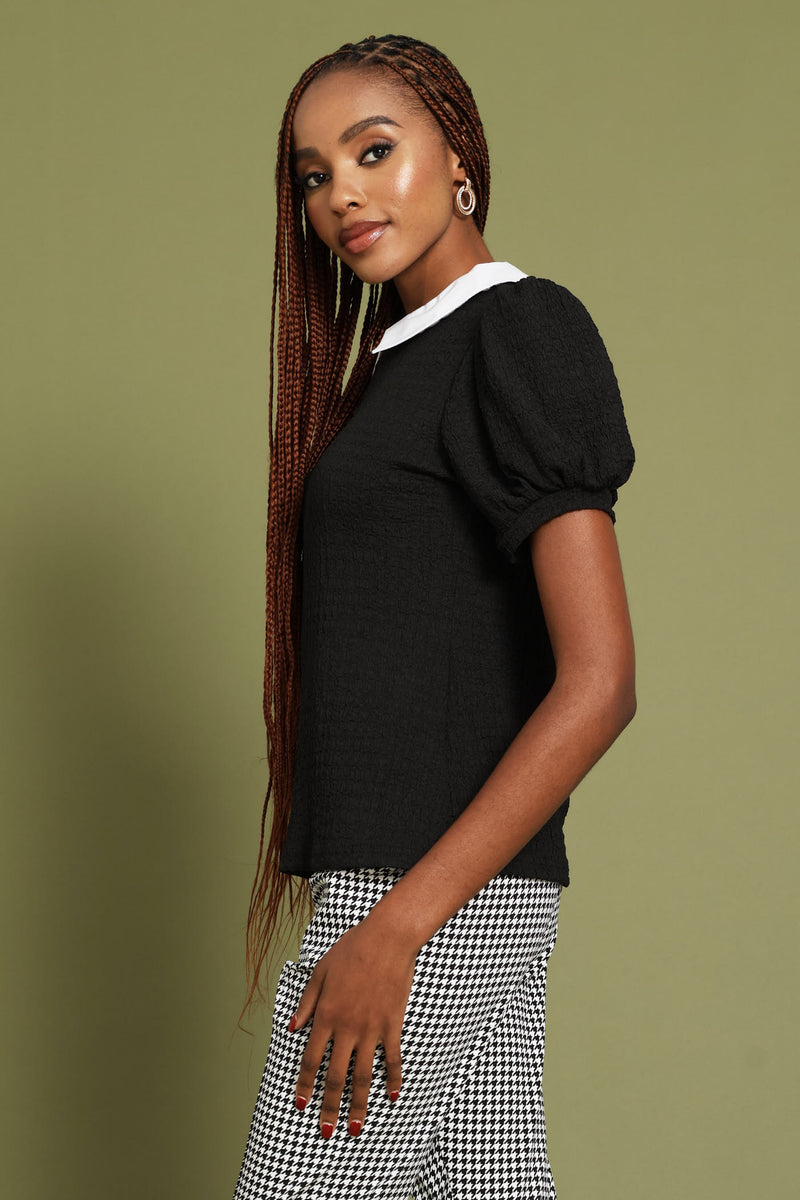 Ruched Sleeve Contrast Textured Blouse - Black
