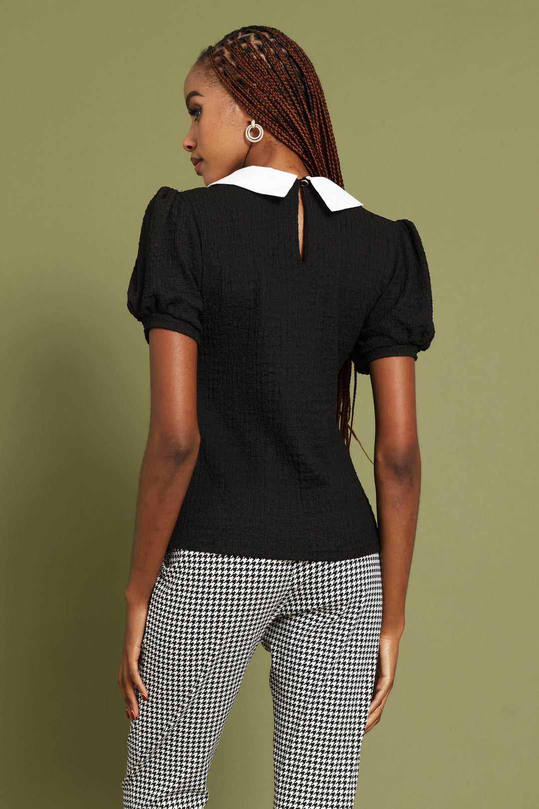 Ruched Sleeve Contrast Textured Blouse - Black