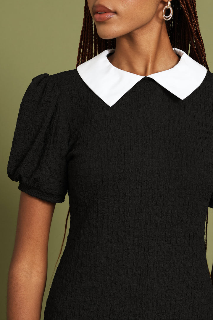 Ruched Sleeve Contrast Textured Blouse - Black