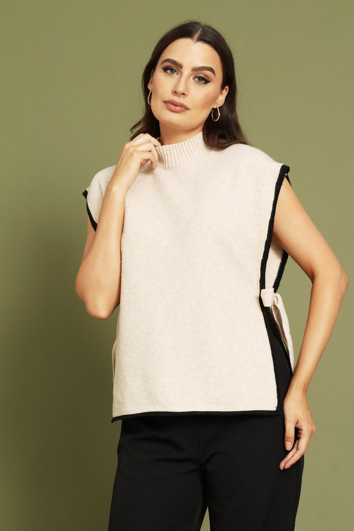 Side Tie Knitwear Vest - Cream/Black