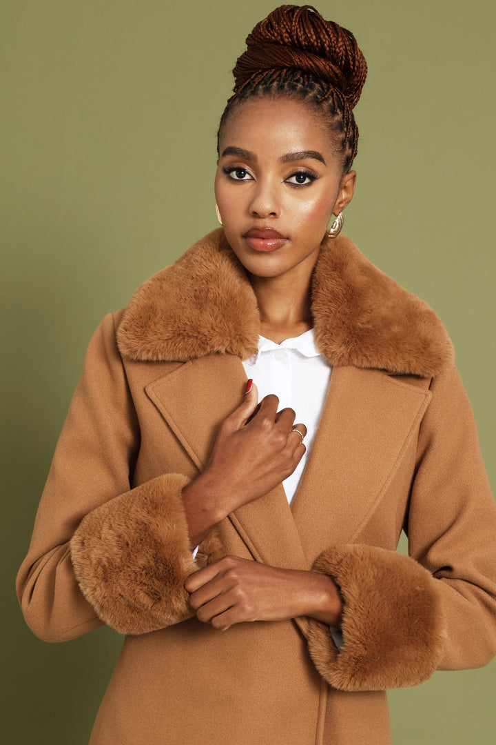 Diana Double Fur Sleeve Coat - Tan