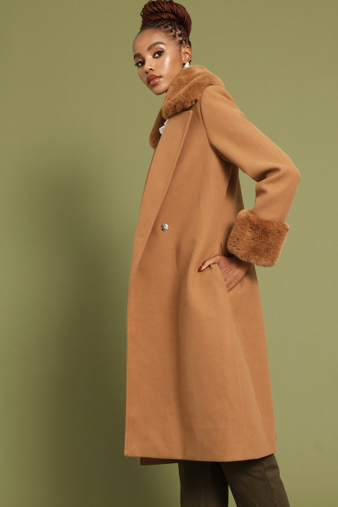 Diana Double Fur Sleeve Coat - Tan