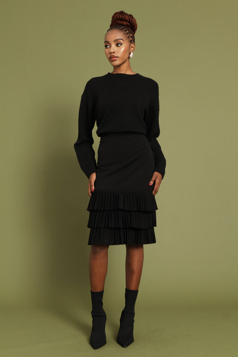 Pleated Hem Pencil Skirt - Black