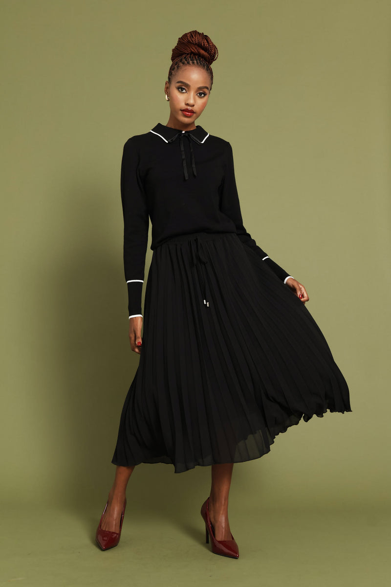 Pleated Chiffon Midi Skirt - Black