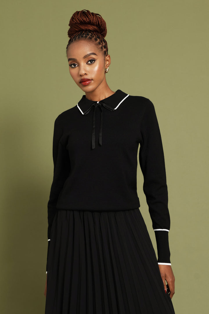 Collared Contrast Pullover - Black/White