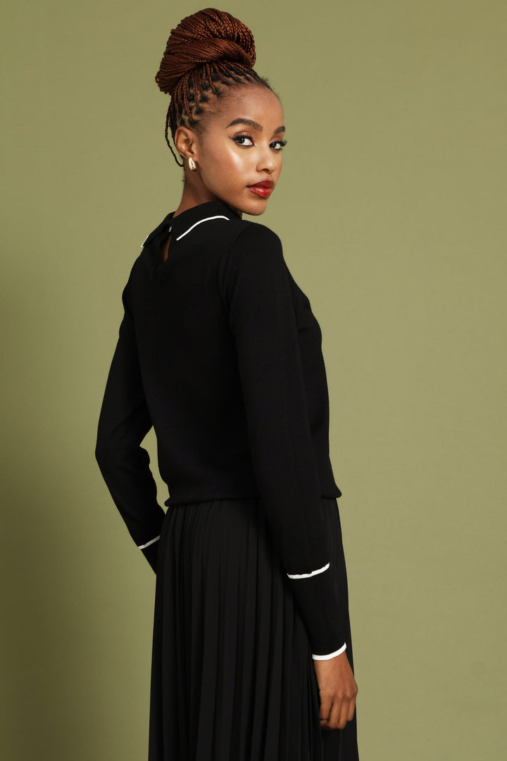 Collared Contrast Pullover - Black/White