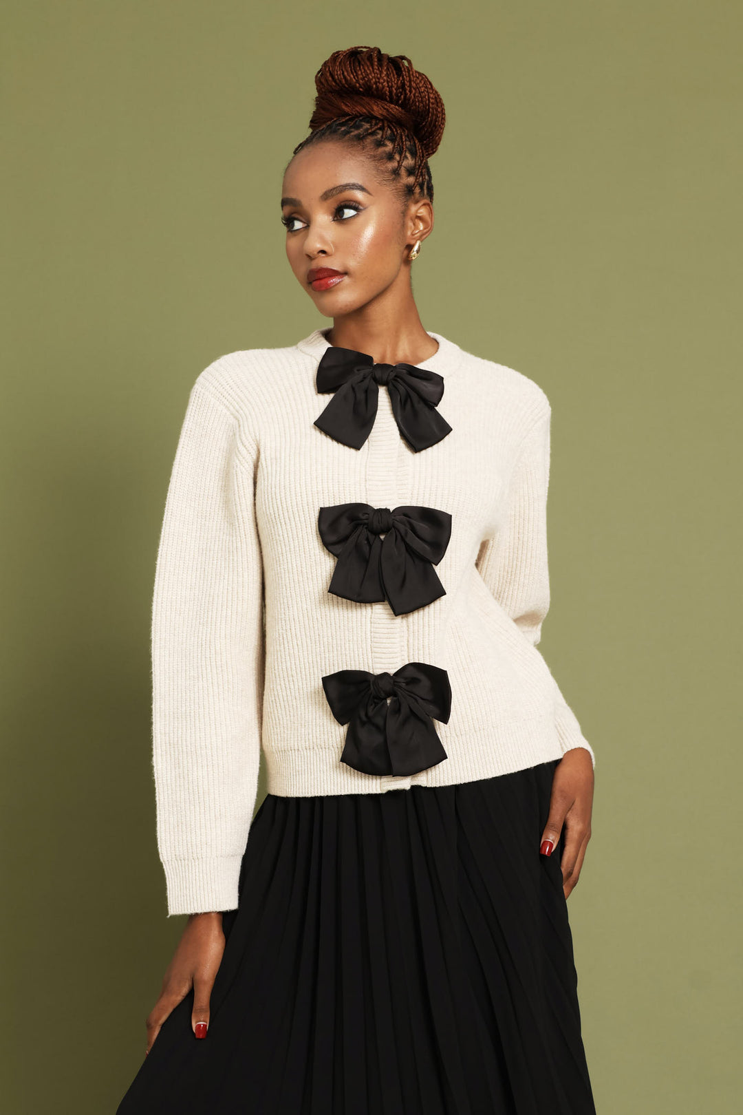 Long Sleeve Bow Detail Cardigan - Oatmeal