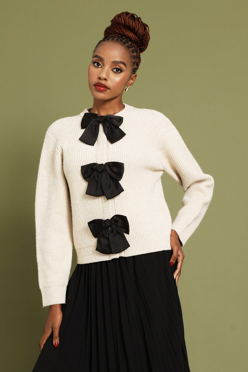 Long Sleeve Bow Detail Cardigan - Oatmeal