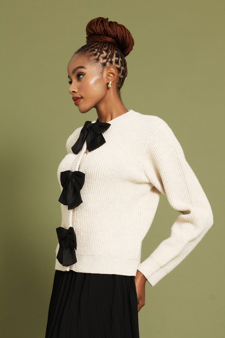 Long Sleeve Bow Detail Cardigan - Oatmeal