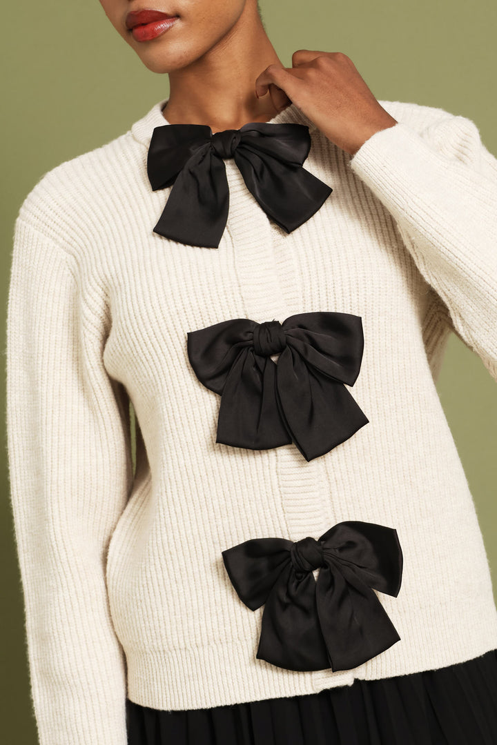 Long Sleeve Bow Detail Cardigan - Oatmeal