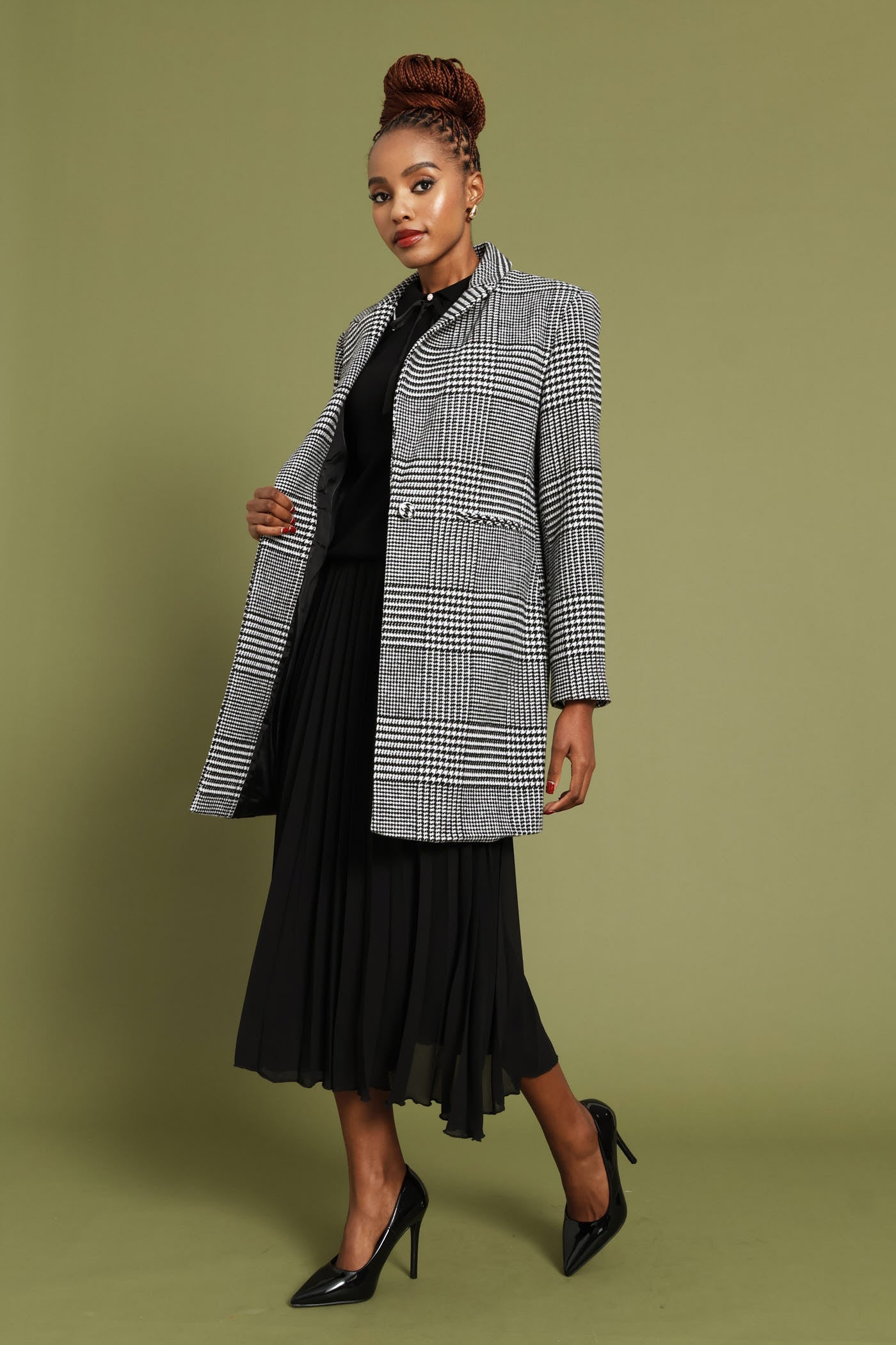 Ladies Charlotte Houndstooth Single Breasted Coat - Black/White